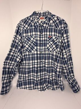 Wrangler Mens Plaid Western Shirt Sz 2XL Button Up Long Sleeve Blue